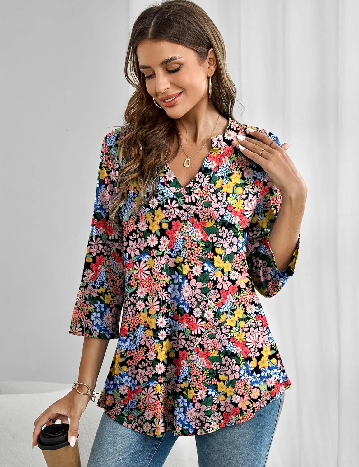 Women's Plus Size Tops 3/4 Roll Sleeve Blouses V Neck Tunic Tops