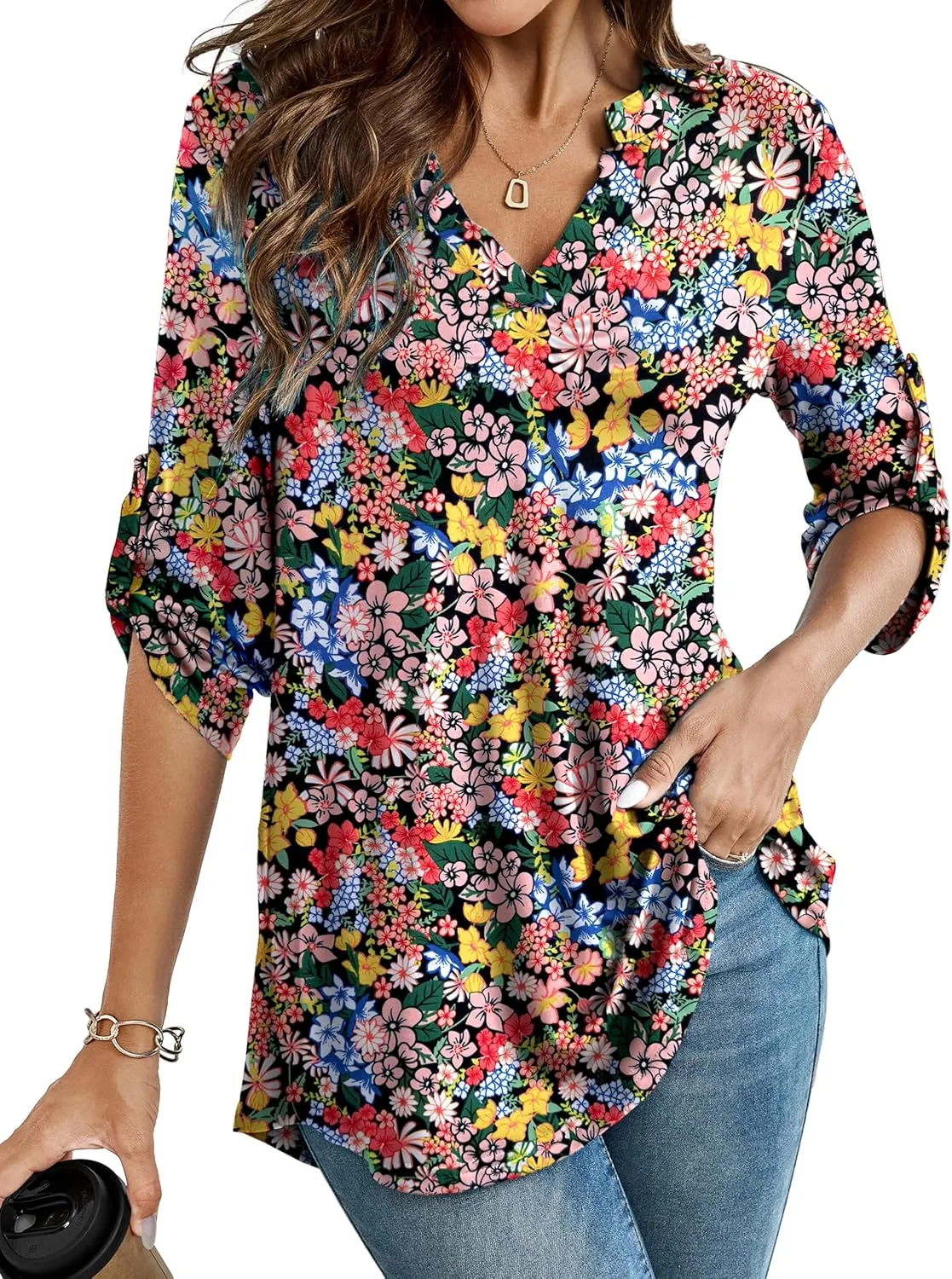 Women's Plus Size Tops 3/4 Roll Sleeve Blouses V Neck Tunic Tops