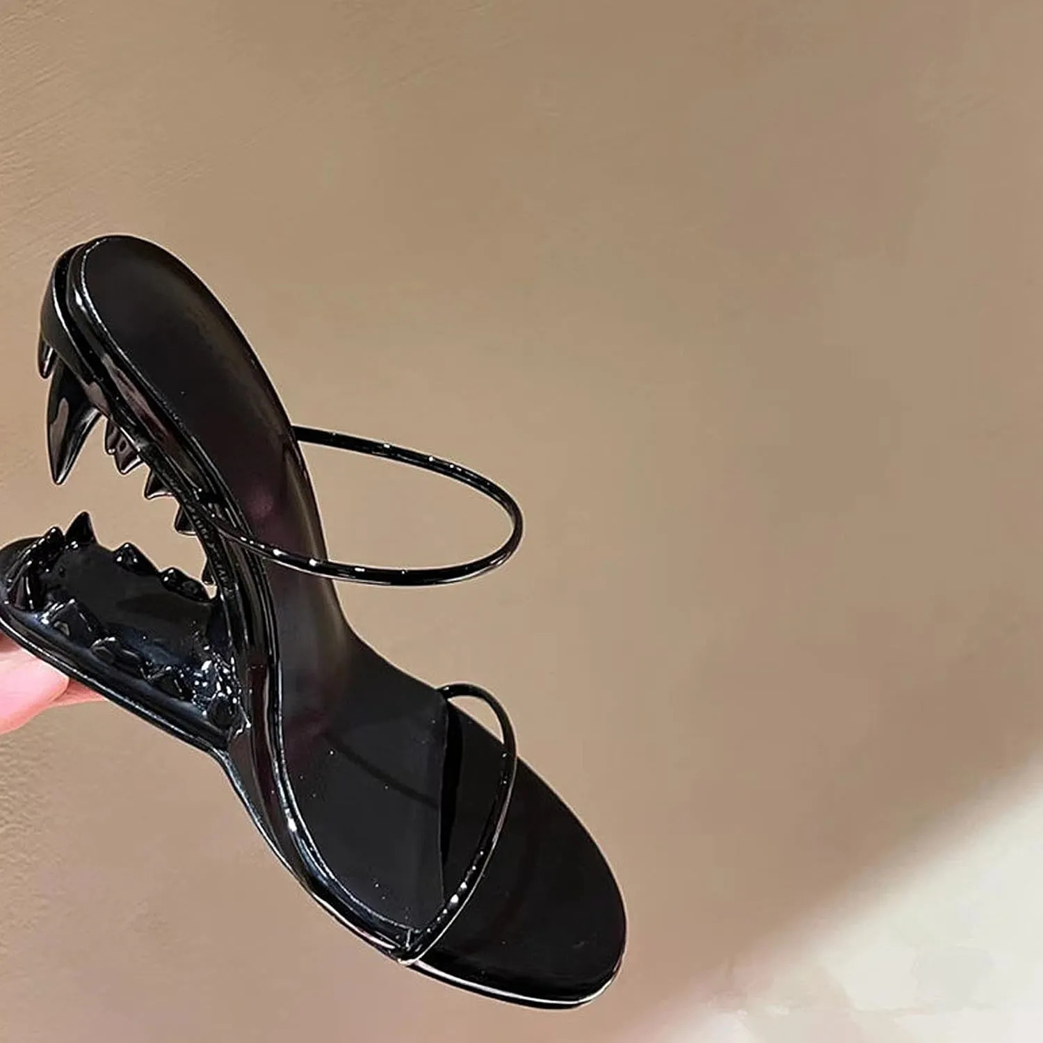 Womens Sandals Metallic Tiger Teeth Heel Shark Backless Round toe Heels Dressy Ladies Party Wedding Fashion Office Clubbing Work Courts Shoes