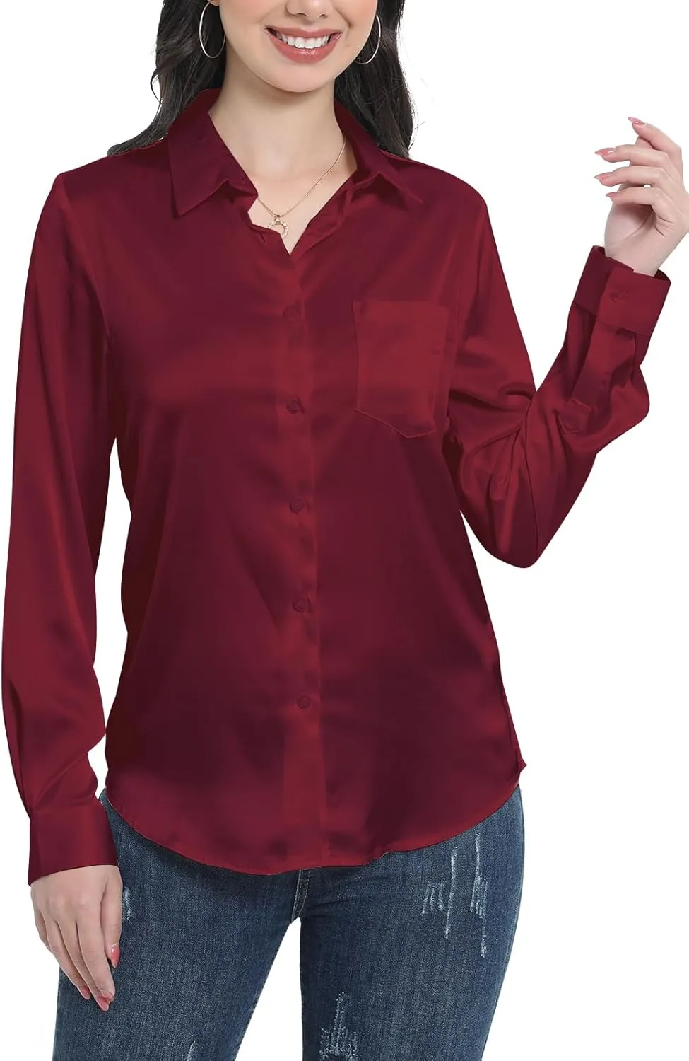 Womens Satin Silk Blouses Blouse Button Down up Shirts for Women Casual Loose Long Sleeve Business Work Tops