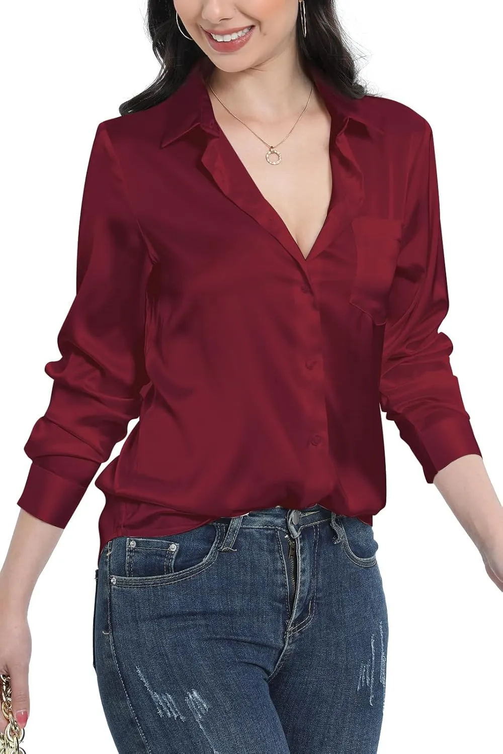 Womens Satin Silk Blouses Blouse Button Down up Shirts for Women Casual Loose Long Sleeve Business Work Tops