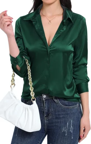 Womens Satin Silk Blouses Blouse Button Down up Shirts for Women Casual Loose Long Sleeve Business Work Tops