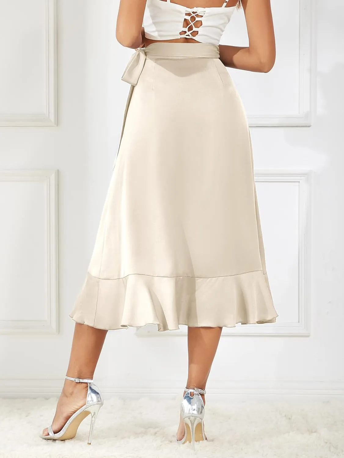 Women's Satin Wrap Skirt Adjustable Tie Ruffle Hem Flowy High Low Trendy Midi Skirt