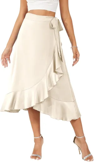 Women's Satin Wrap Skirt Adjustable Tie Ruffle Hem Flowy High Low Trendy Midi Skirt