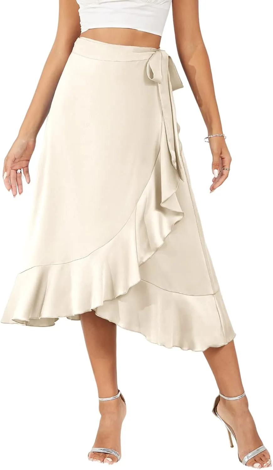 Women's Satin Wrap Skirt Adjustable Tie Ruffle Hem Flowy High Low Trendy Midi Skirt