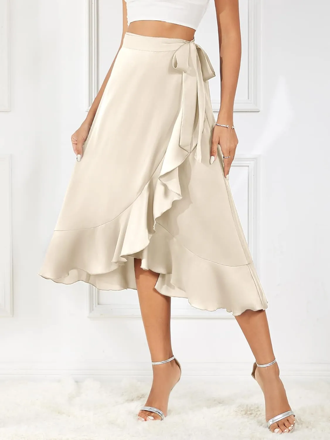 Women's Satin Wrap Skirt Adjustable Tie Ruffle Hem Flowy High Low Trendy Midi Skirt