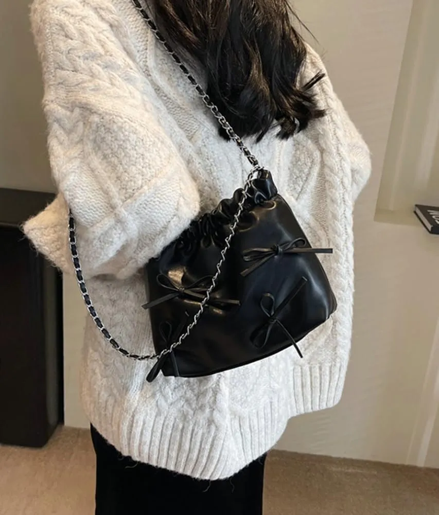 Women's Soft PU Leather Shoulder Bag Y2K Bow Bucket Totes Handbag Fashion Purse Satchel with Chain