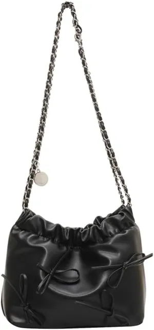 Women's Soft PU Leather Shoulder Bag Y2K Bow Bucket Totes Handbag Fashion Purse Satchel with Chain