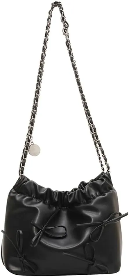 Women's Soft PU Leather Shoulder Bag Y2K Bow Bucket Totes Handbag Fashion Purse Satchel with Chain
