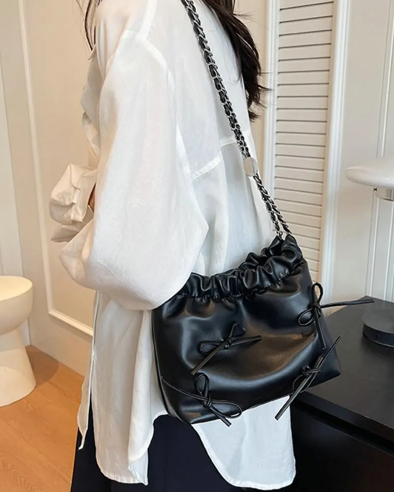 Women's Soft PU Leather Shoulder Bag Y2K Bow Bucket Totes Handbag Fashion Purse Satchel with Chain