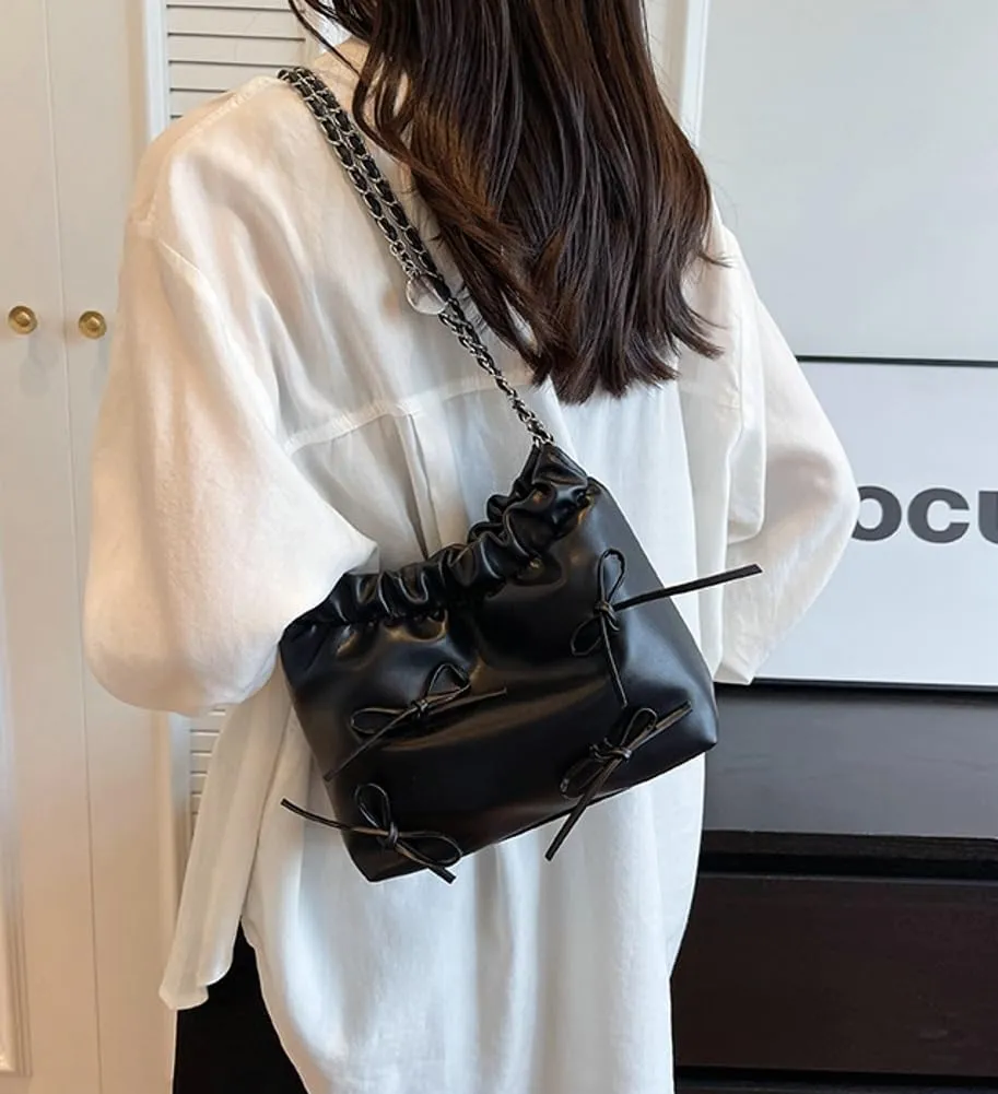Women's Soft PU Leather Shoulder Bag Y2K Bow Bucket Totes Handbag Fashion Purse Satchel with Chain