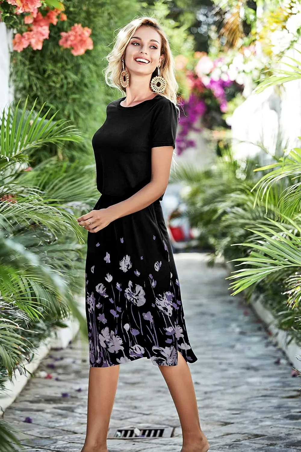 Womens Summer Hide Belly Knee Length Travel Dress Pocket 2025 Spring Short Sleeve Midi Work Casual Teacher Outfits