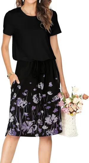 Womens Summer Hide Belly Knee Length Travel Dress Pocket 2025 Spring Short Sleeve Midi Work Casual Teacher Outfits