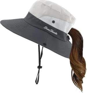 Womens Summer Sun Hat Wide Brim Outdoor UV Protection Hat Foldable Ponytail Bucket Cap for Beach Fishing Hiking