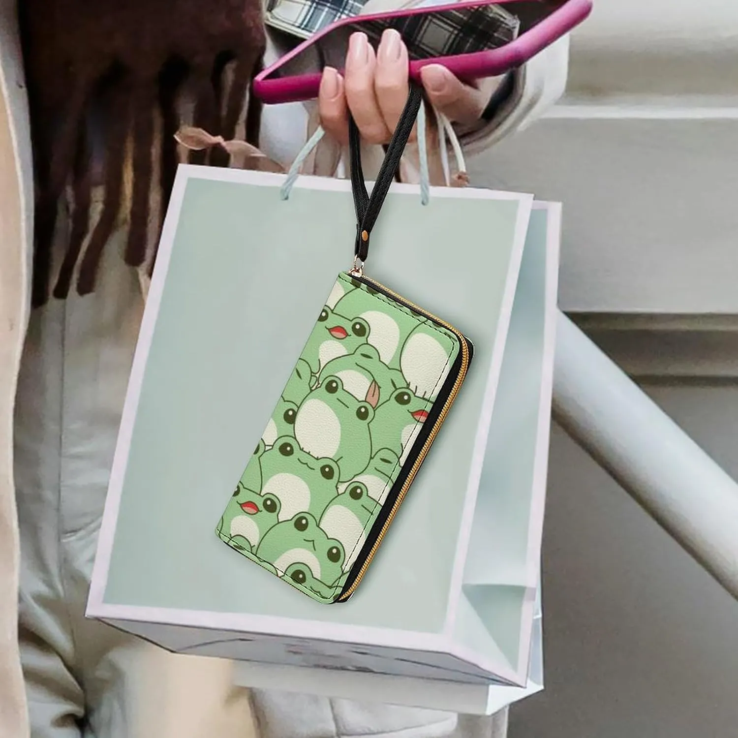 Women's Travel Zipper Purse Fashion Design Gift, Huge Storage Capacity Purse, Cute Decor Wallet, Long PU Wallet With Rope Compatible with Cute Frog