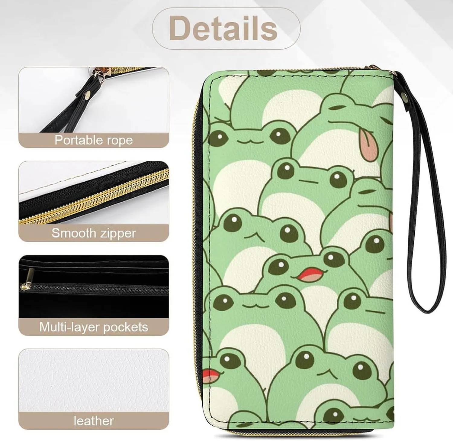 Women's Travel Zipper Purse Fashion Design Gift, Huge Storage Capacity Purse, Cute Decor Wallet, Long PU Wallet With Rope Compatible with Cute Frog