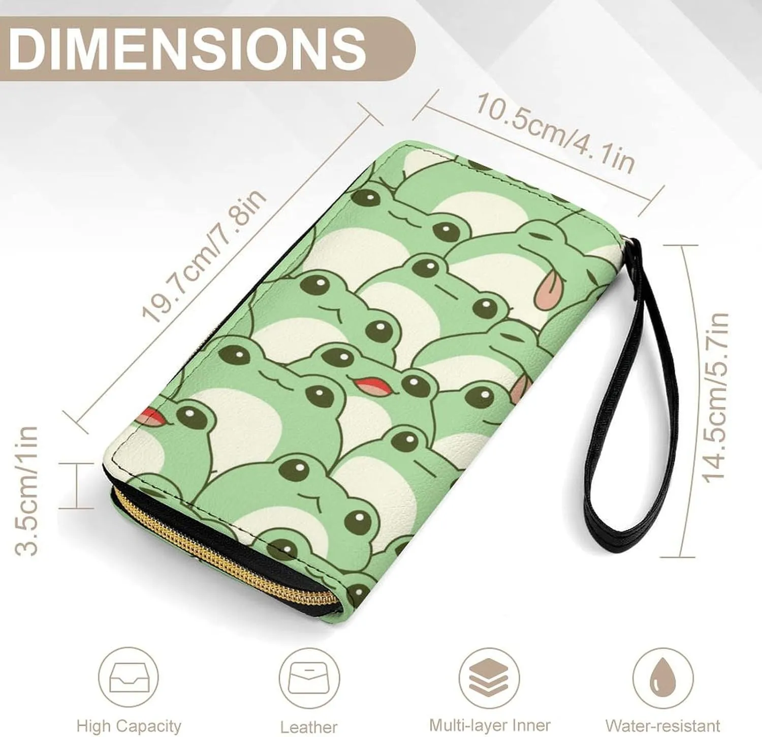 Women's Travel Zipper Purse Fashion Design Gift, Huge Storage Capacity Purse, Cute Decor Wallet, Long PU Wallet With Rope Compatible with Cute Frog