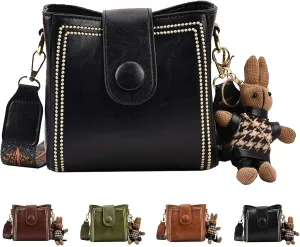 Women's Vintage Bunny Charm Bucket Bag – Convertible Shoulder Crossbody, Vintage Small Water Bucket Bag for Women