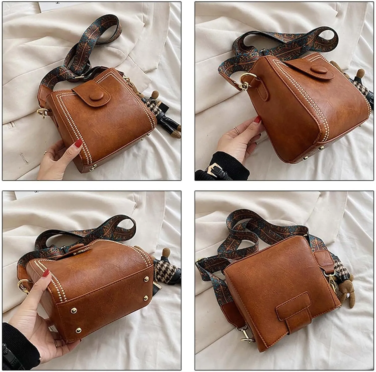 Women's Vintage Bunny Charm Bucket Bag – Convertible Shoulder Crossbody, Vintage Small Water Bucket Bag for Women