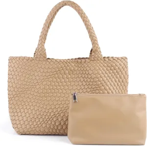 Women's Woven Vegan Leather Tote Bag - Large Summer Beach Travel Handbag - Retro Shoulder Bag