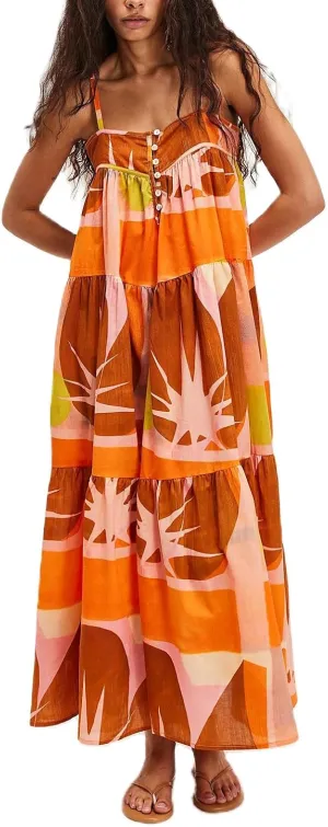 Womens Y2k Boho Palm Print Spaghetti Strap Midi Flowy Dress Cute Floral Ruffle Cami Maxi Dresses Summer Sundress