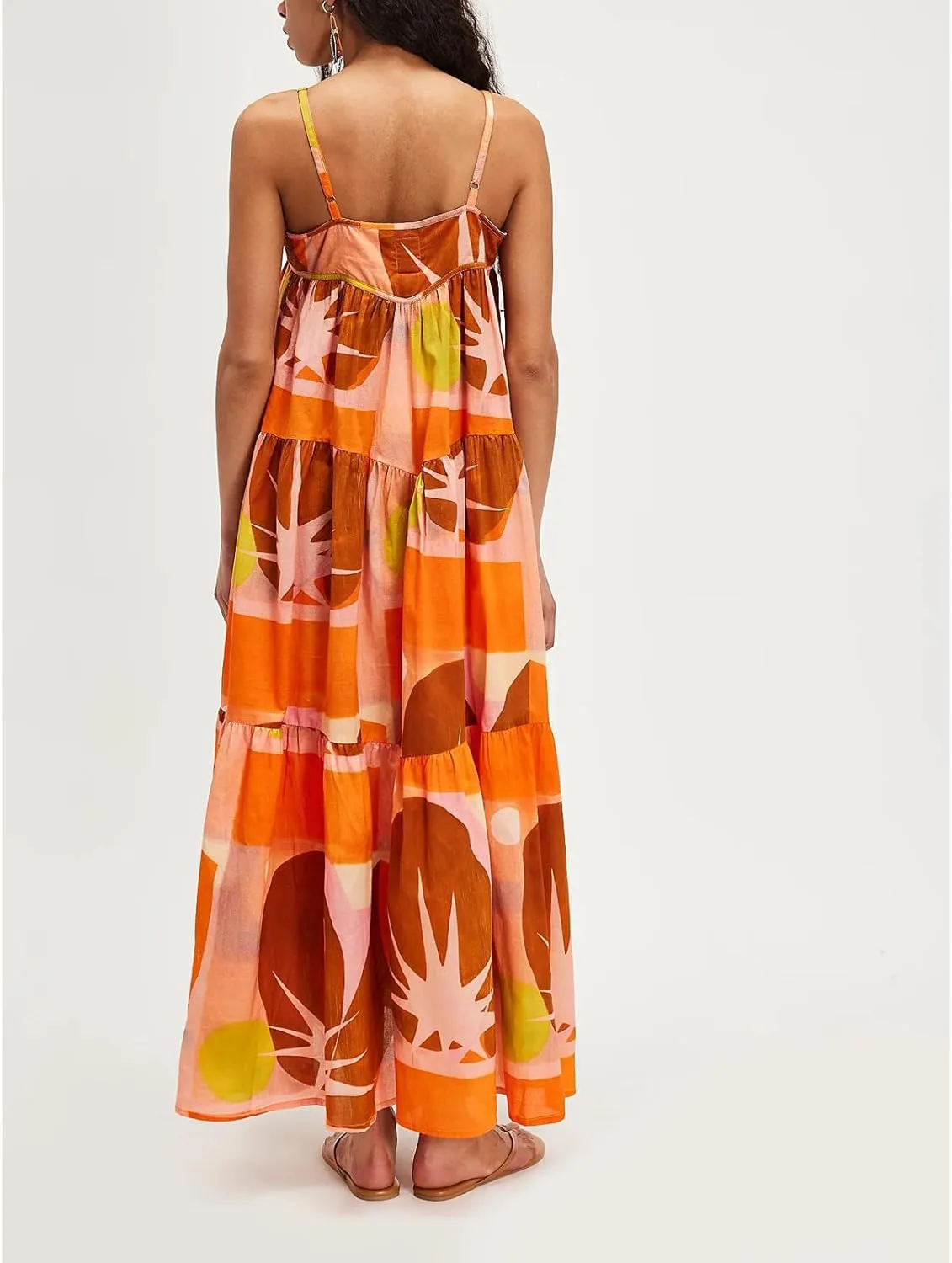 Womens Y2k Boho Palm Print Spaghetti Strap Midi Flowy Dress Cute Floral Ruffle Cami Maxi Dresses Summer Sundress