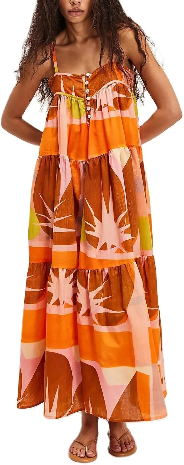 Womens Y2k Boho Palm Print Spaghetti Strap Midi Flowy Dress Cute Floral Ruffle Cami Maxi Dresses Summer Sundress
