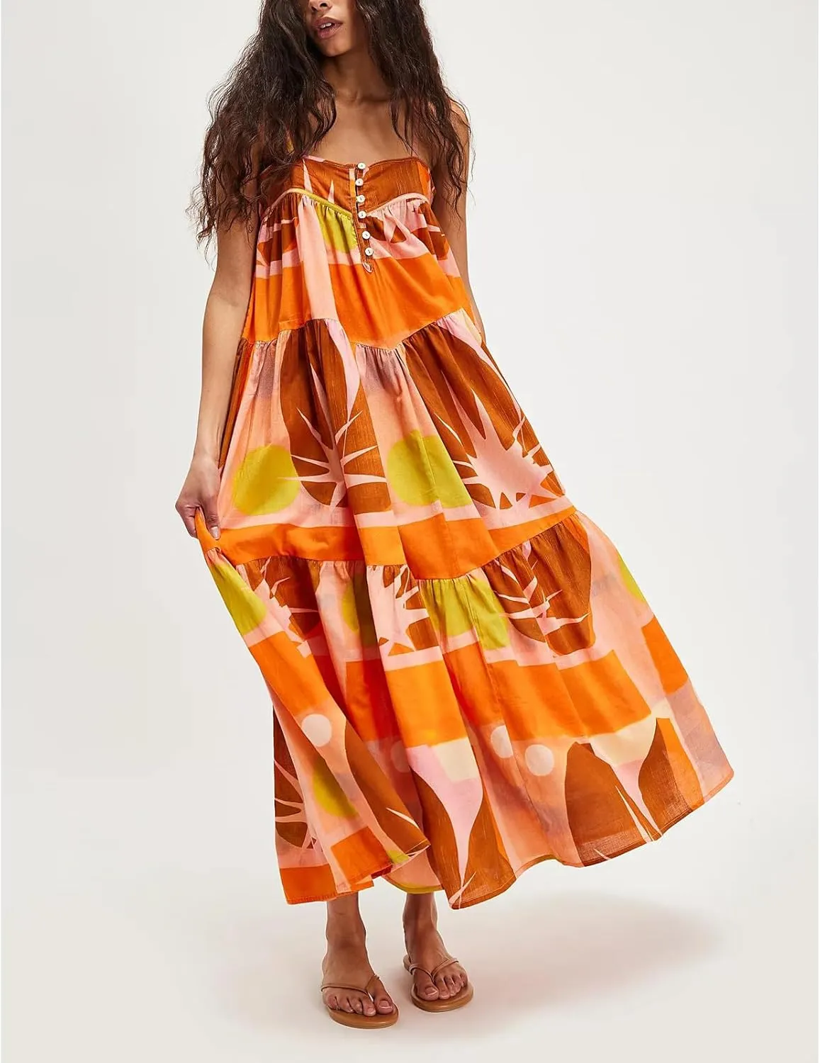 Womens Y2k Boho Palm Print Spaghetti Strap Midi Flowy Dress Cute Floral Ruffle Cami Maxi Dresses Summer Sundress