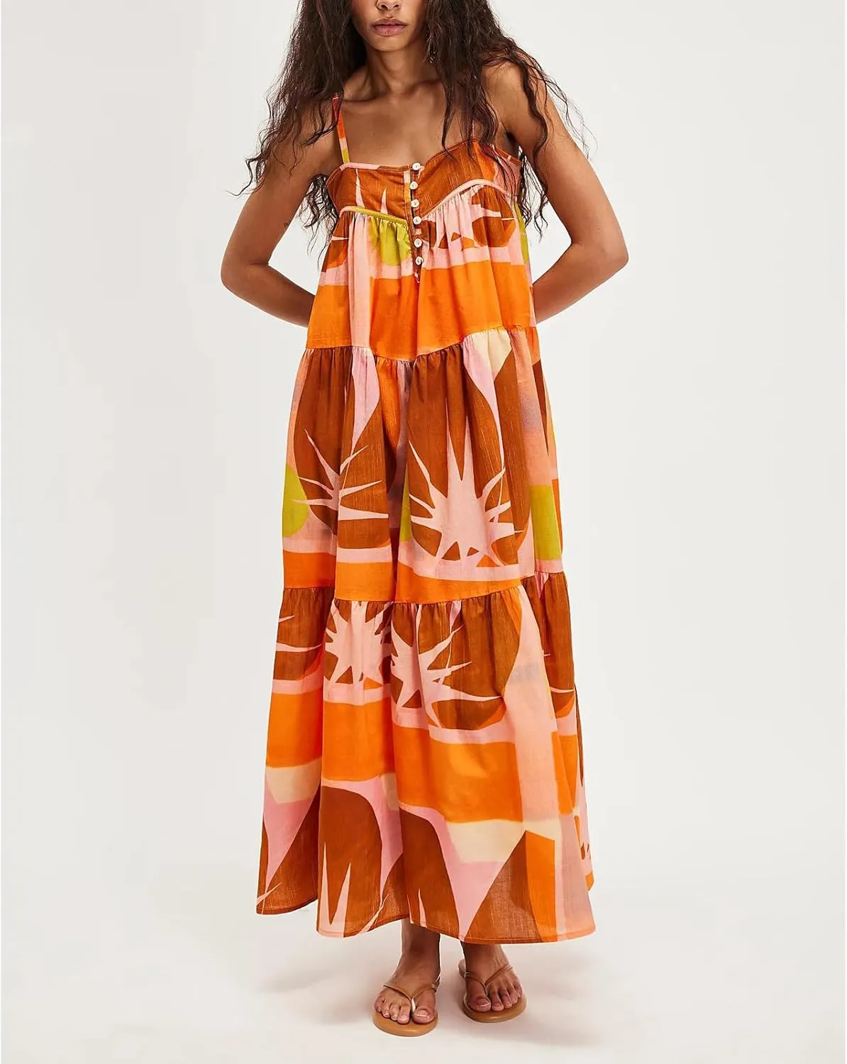 Womens Y2k Boho Palm Print Spaghetti Strap Midi Flowy Dress Cute Floral Ruffle Cami Maxi Dresses Summer Sundress