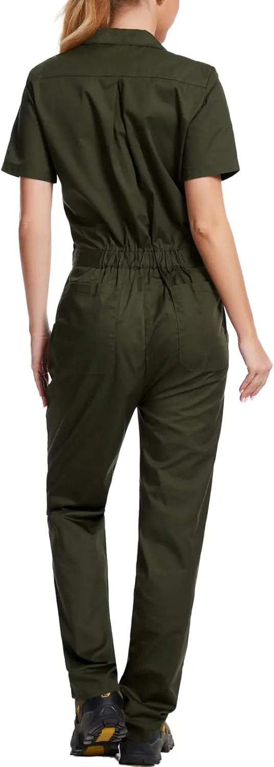 WORK IDEA Women's Short Sleeve Coverall Lightweight Snap-Front Cotton Work Jumpsuit