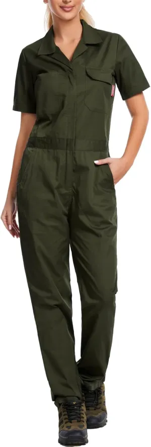 WORK IDEA Women's Short Sleeve Coverall Lightweight Snap-Front Cotton Work Jumpsuit