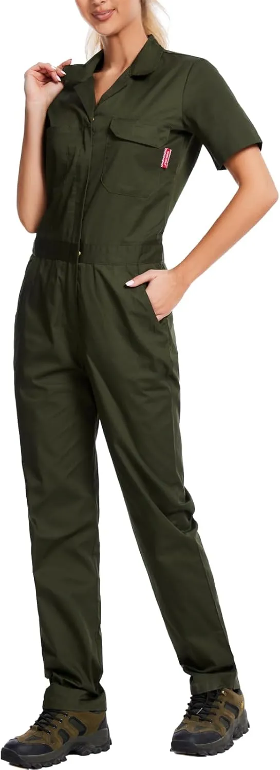 WORK IDEA Women's Short Sleeve Coverall Lightweight Snap-Front Cotton Work Jumpsuit