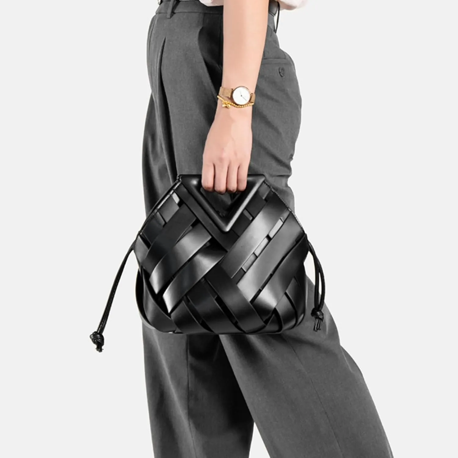 Woven Bucket Crossbody Bags for Women, Retro Leather Tote Handbag Top-handle Hobo Purse Inverted Triangle Shoulder Bag