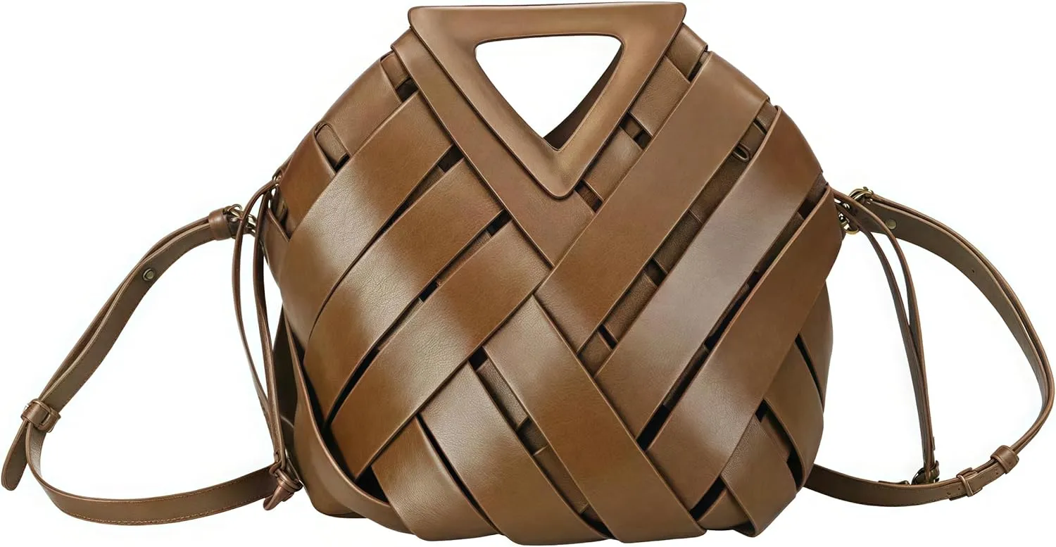 Woven Bucket Crossbody Bags for Women, Retro Leather Tote Handbag Top-handle Hobo Purse Inverted Triangle Shoulder Bag