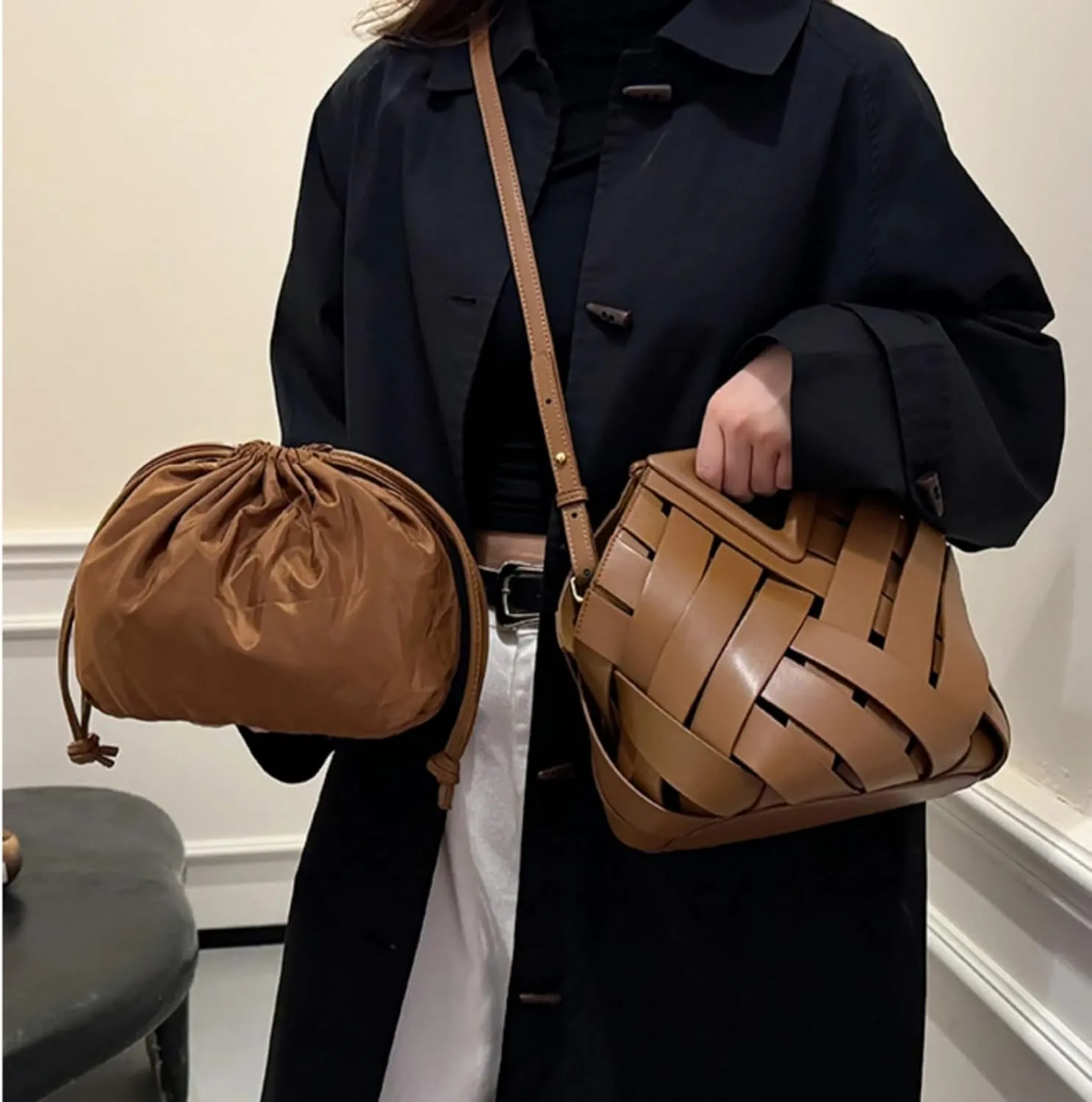 Woven Bucket Crossbody Bags for Women, Retro Leather Tote Handbag Top-handle Hobo Purse Inverted Triangle Shoulder Bag