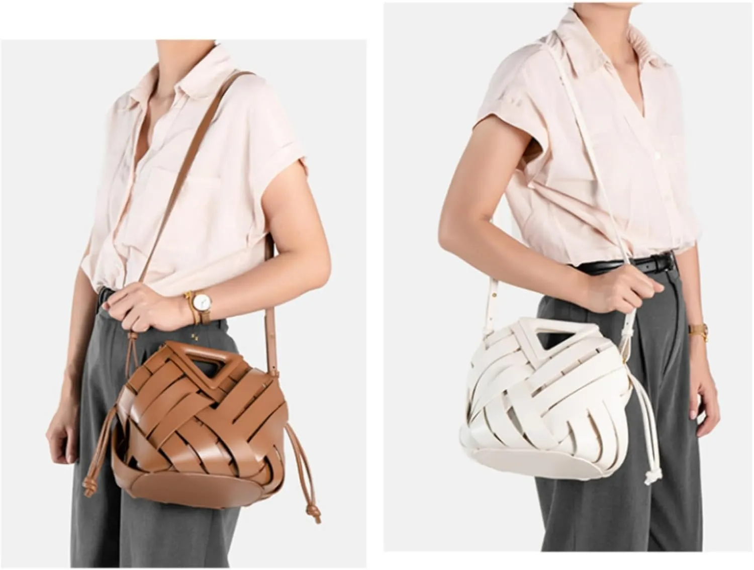 Woven Bucket Crossbody Bags for Women, Retro Leather Tote Handbag Top-handle Hobo Purse Inverted Triangle Shoulder Bag