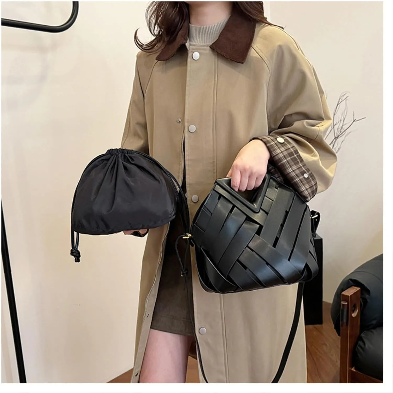 Woven Bucket Crossbody Bags for Women, Retro Leather Tote Handbag Top-handle Hobo Purse Inverted Triangle Shoulder Bag