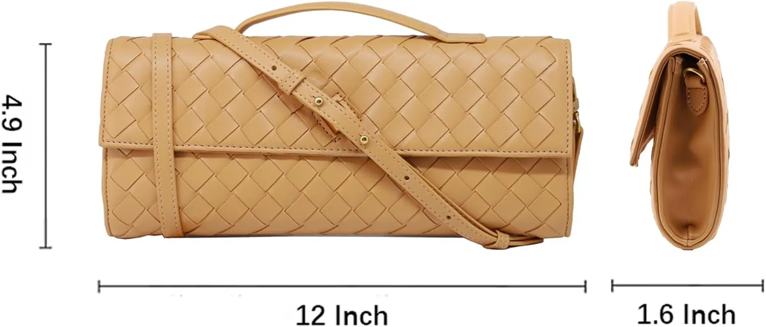 Woven Clutch Purse for Women Designer Shoulder Handbag Leather Crossbody Evening Bag with Detachable Chain