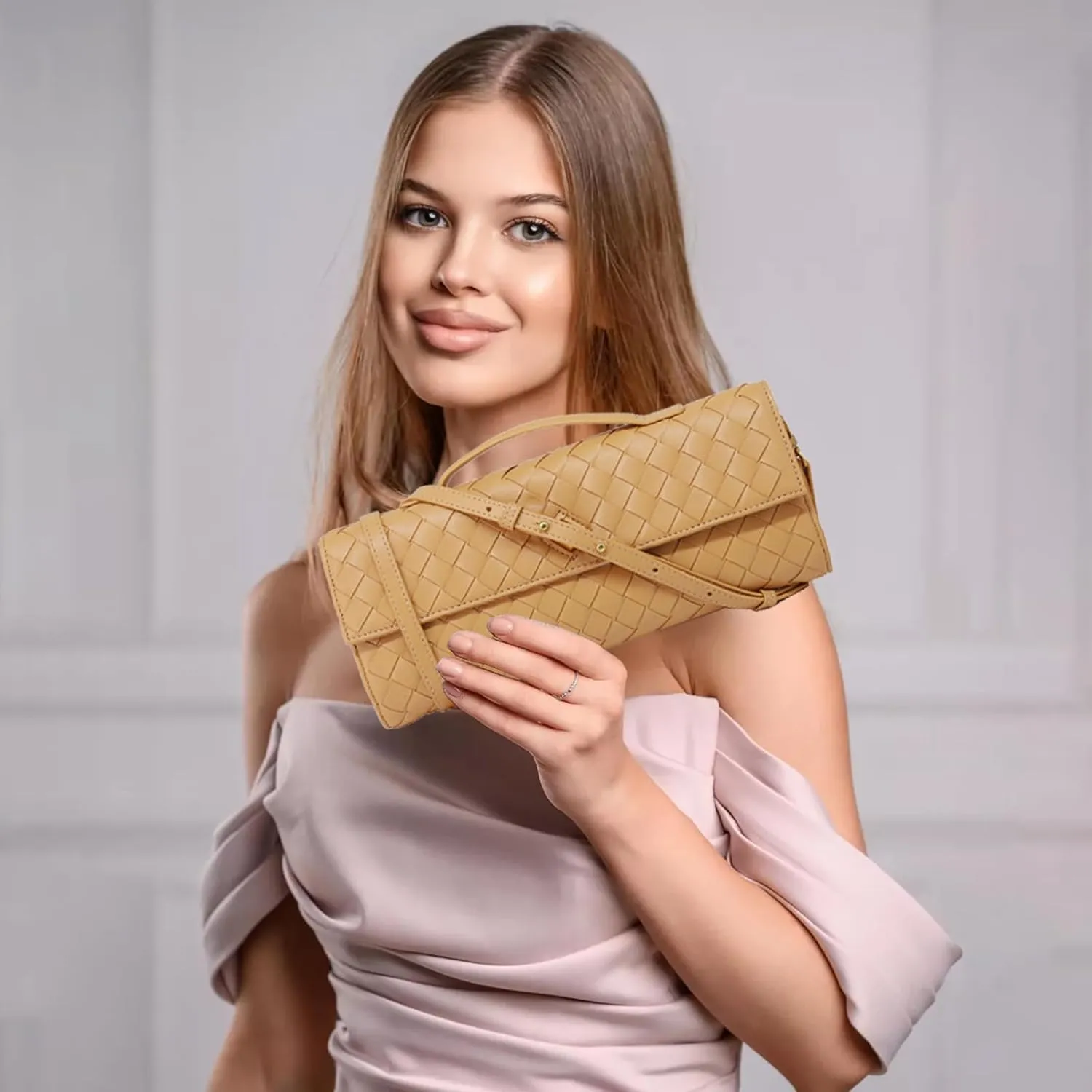 Woven Clutch Purse for Women Designer Shoulder Handbag Leather Crossbody Evening Bag with Detachable Chain