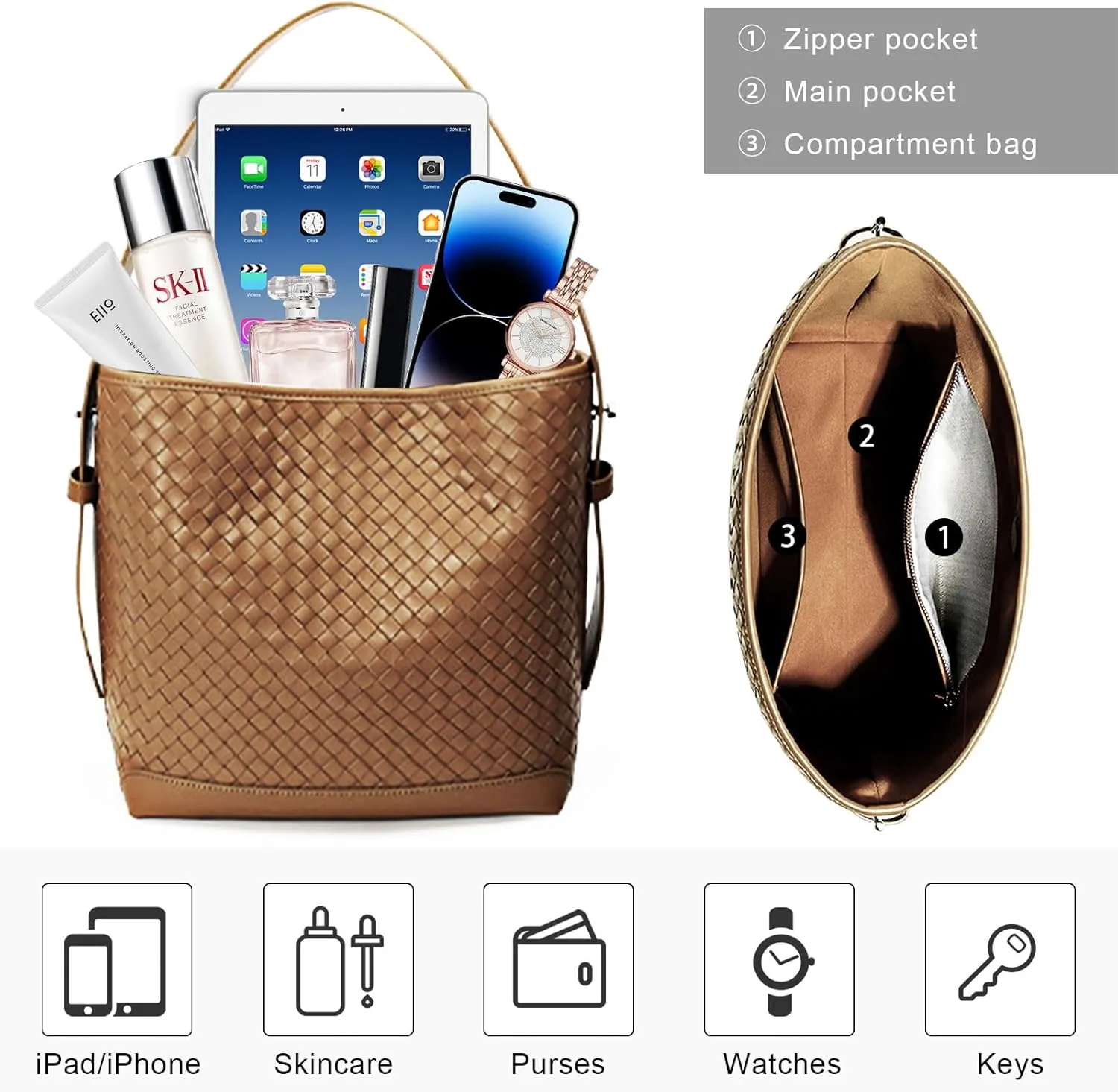 Woven Shoulder Bag For Women Vegan Leather Bucket Bag Large Capacity Tote Bag Trendy Hobo Handbag Purse