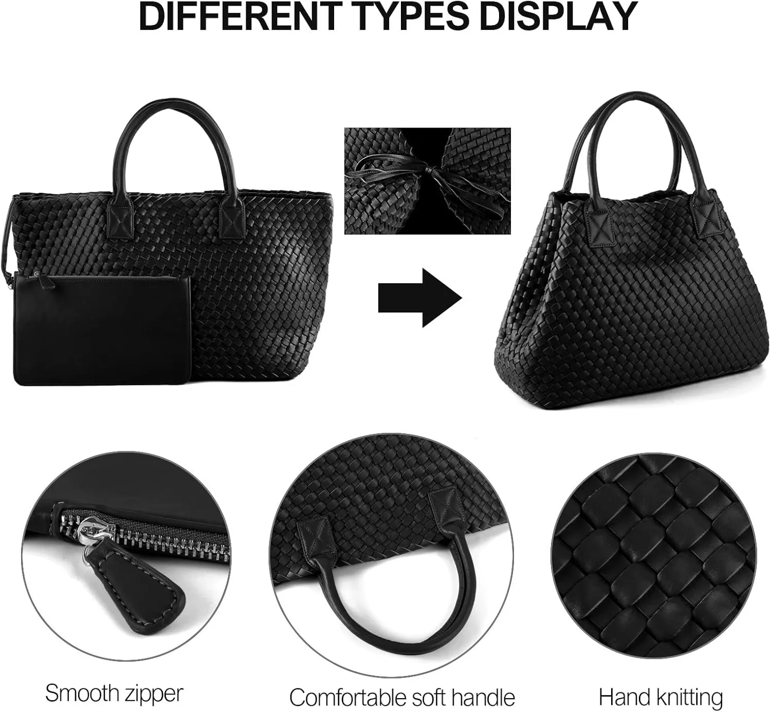 Woven Tote Bag for Women Retro Handwoven Shoulder Travel Handbag Large Capacity Hobo Vegan Leather Bags with Purse