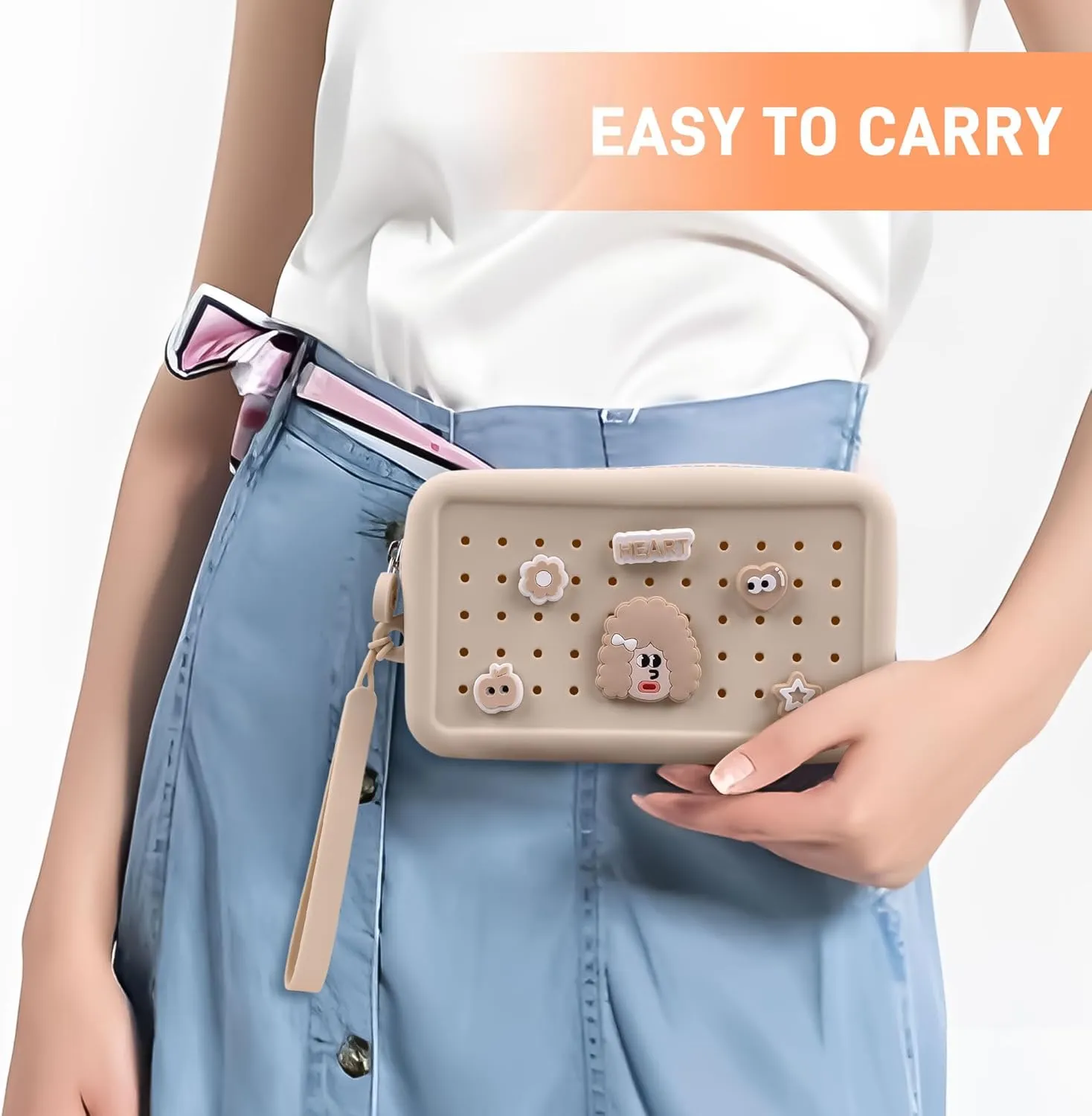 Wristlet Wallets with Charms DIY Portable Clutch Zip Silicone Purse Large Capacity Organizer