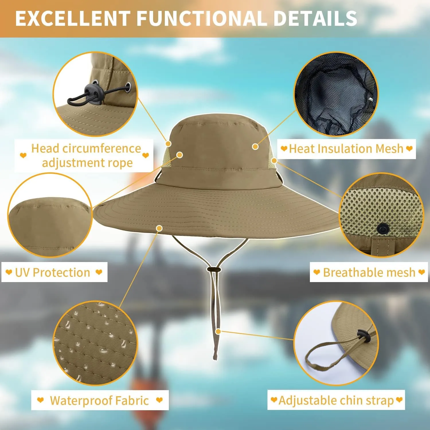 【XXL Oversize &Wide Brim】 Sun Hats for Men【UPF 50  & Waterproof】 Fishing-Hat Boonie Bucket for Hiking Safari Beach Garden