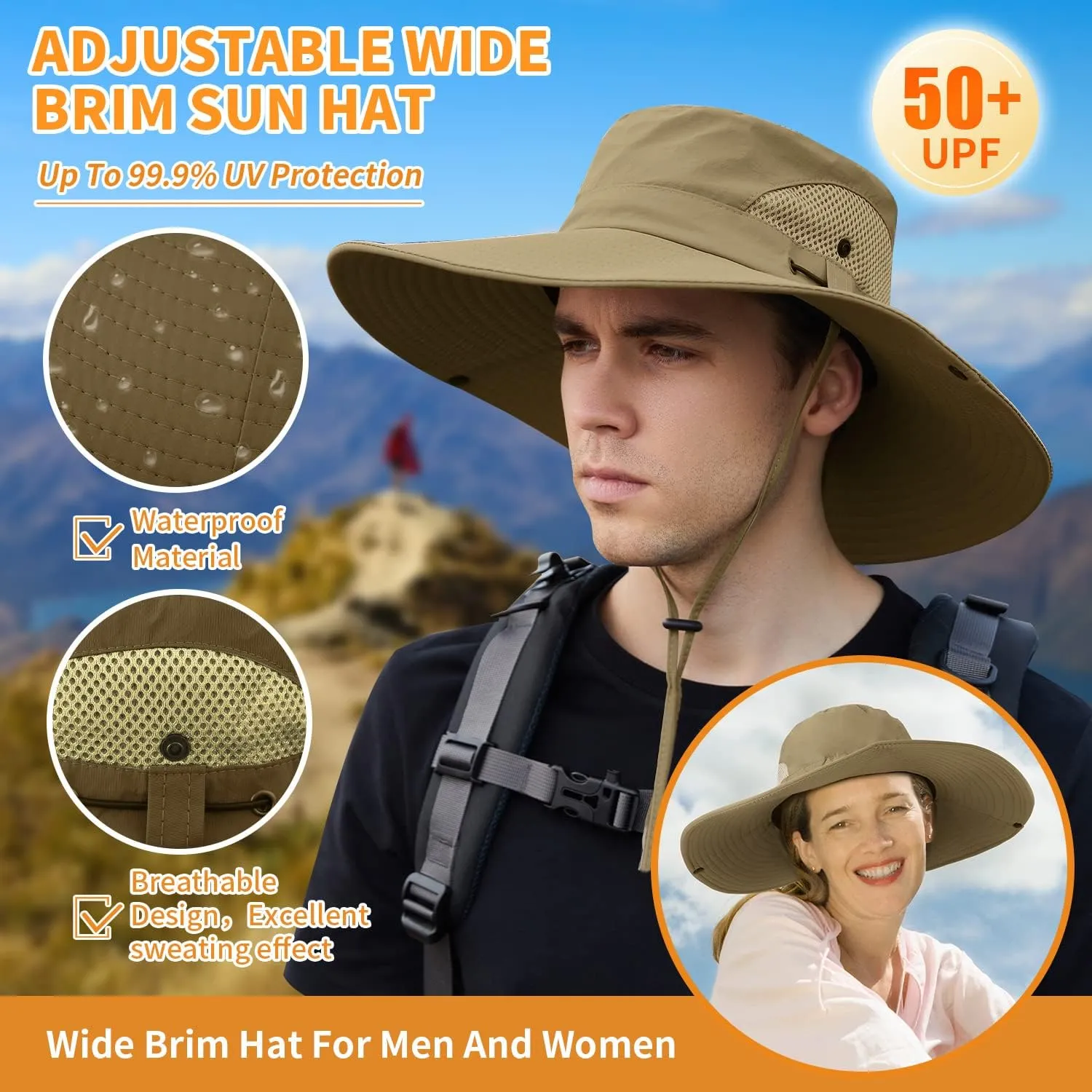【XXL Oversize &Wide Brim】 Sun Hats for Men【UPF 50  & Waterproof】 Fishing-Hat Boonie Bucket for Hiking Safari Beach Garden