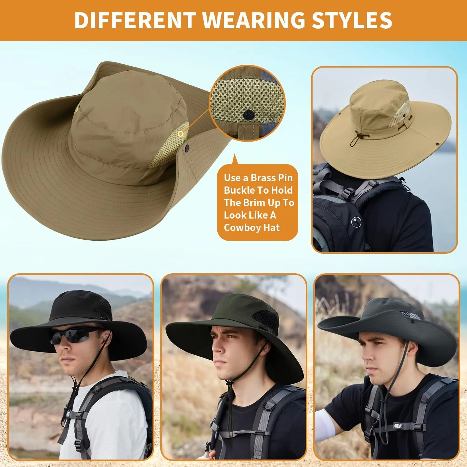 【XXL Oversize &Wide Brim】 Sun Hats for Men【UPF 50  & Waterproof】 Fishing-Hat Boonie Bucket for Hiking Safari Beach Garden