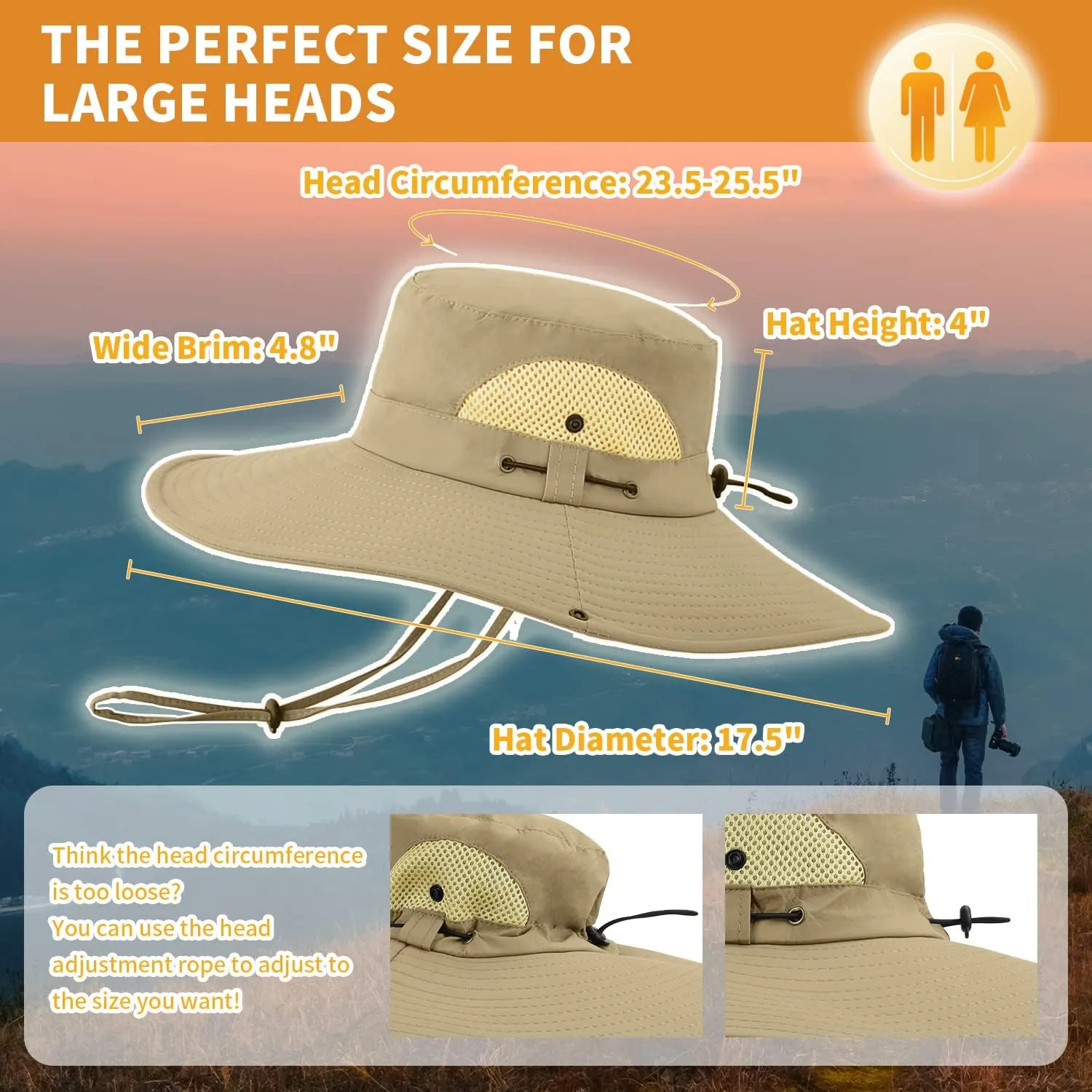 【XXL Oversize &Wide Brim】 Sun Hats for Men【UPF 50  & Waterproof】 Fishing-Hat Boonie Bucket for Hiking Safari Beach Garden