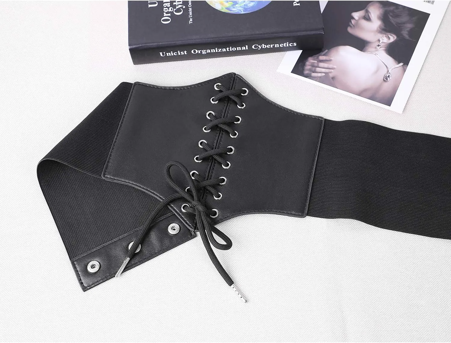 XZQTIVE Black Corset Waist Belt for Women, Wide Elastic Tie Waspie Belt for Dresses 4.7inch