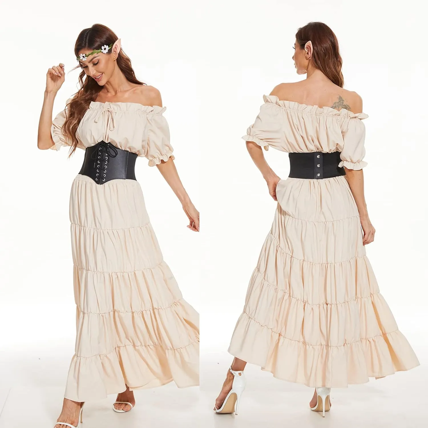 XZQTIVE Black Corset Waist Belt for Women, Wide Elastic Tie Waspie Belt for Dresses 4.7inch