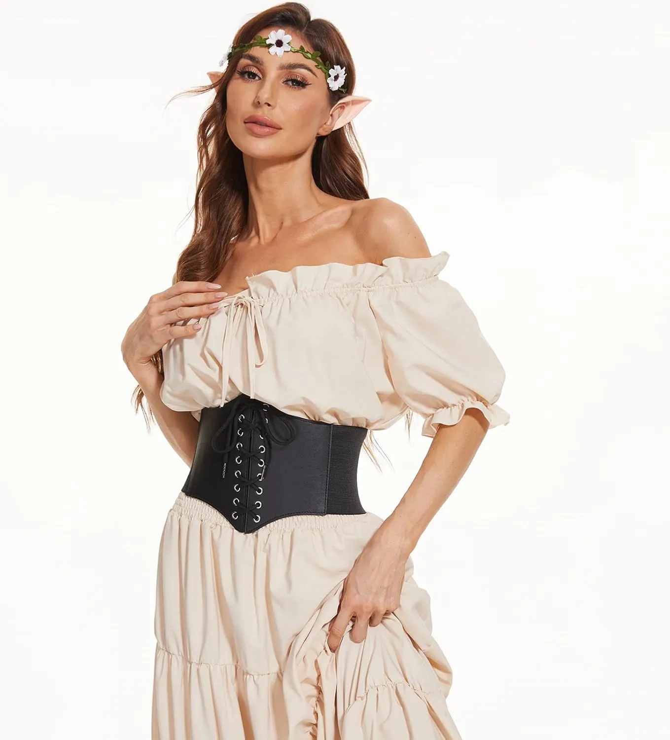 XZQTIVE Black Corset Waist Belt for Women, Wide Elastic Tie Waspie Belt for Dresses 4.7inch