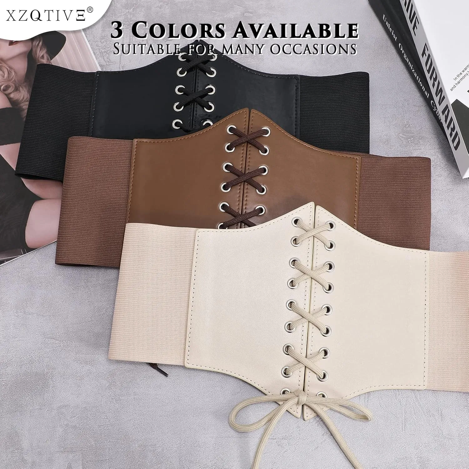 XZQTIVE Black Corset Waist Belt for Women, Wide Elastic Tie Waspie Belt for Dresses 4.7inch